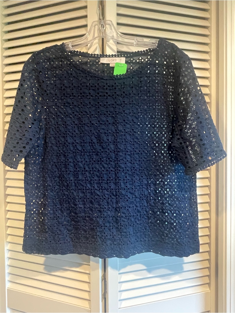 LOFT Navy Eyelet Short Sleeve Blouse
